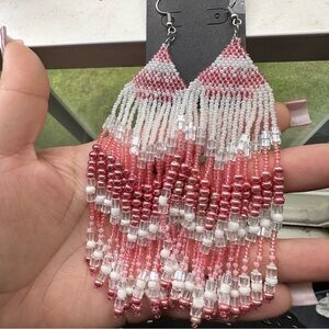 Handmade 6” Pink and White Chevron Woven Fringe Dangle Earrings